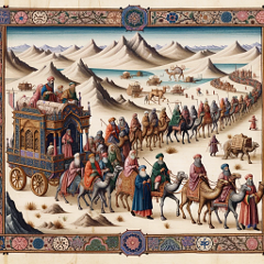 Miniatura medievale di carovana di mercanti lungo la via della seta. Immagine generata da Dall-E