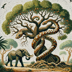 Mosaico di un drago in agguato su un albero. Immagine generata con Dall-E