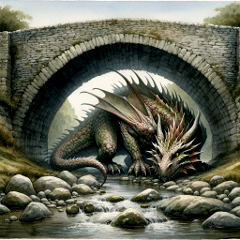 Il drago di Perloz, nascosto sotto il ponte. Immagine generata da Dall-E