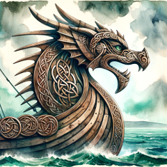 dreki vichingo, barca di legno con scultura di drago a prua. Immagine generata da Dall-E