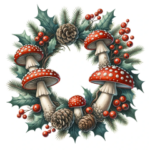 Ghirlanda di Natale fatta di funghi velenosi. Immagine generata da Dall-E