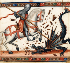 cavaliere che frantuma una lancia contro un drago. Immagine generata da Dall-E