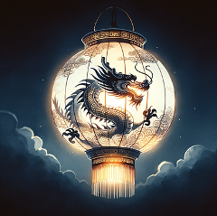 Lanterna cinese decorata con un drago. Immagine generata da Dall-E
