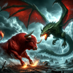 Combattimento leggendario tra un toro rosso e un drago. Immagine generata da Dall-E