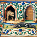 Miniatura da manoscritto medievale con un coccodrillo che insidia la tana di un orso. Immagine generata da Dall-E