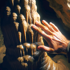 Mano unta vicino a stalagmite. Immagine generata da Dall-E